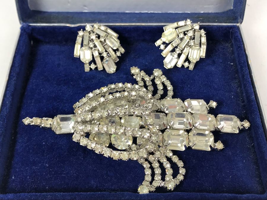 Vintage Weiss Rhinestone Statement Brooch Pin, Vintage Pair Of Trifari Clip-On Earrings And Vintage Eisenberg & Sons Original Jewelry Box - Just Added [Photo 4]