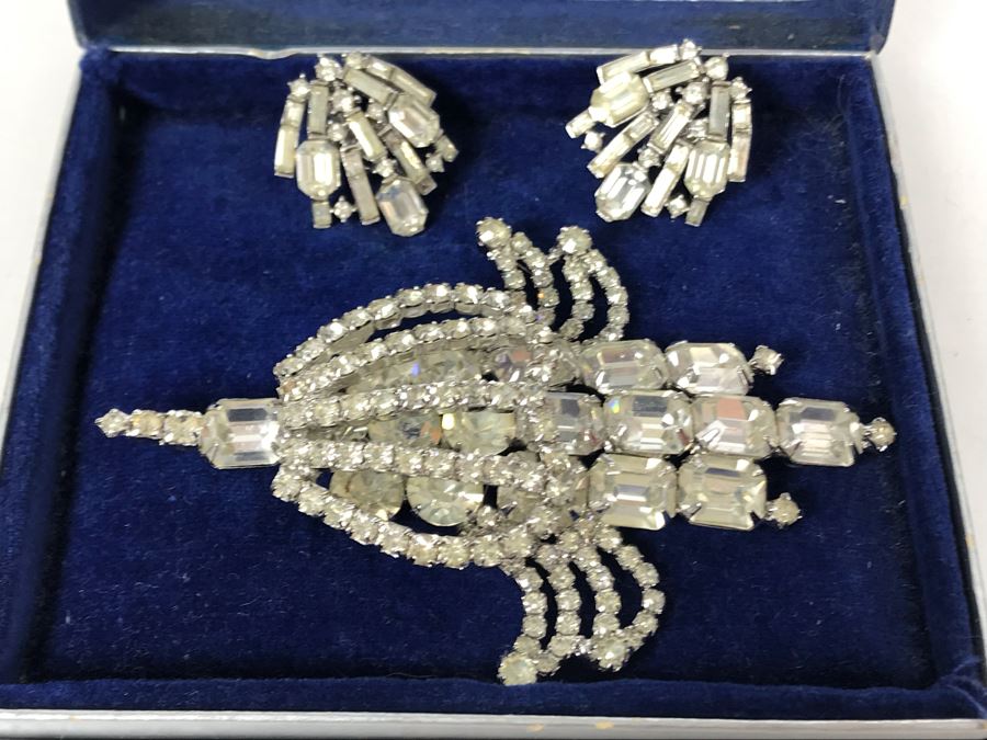 Vintage Weiss Rhinestone Statement Brooch Pin, Vintage Pair Of Trifari Clip-On Earrings And Vintage Eisenberg & Sons Original Jewelry Box - Just Added [Photo 3]