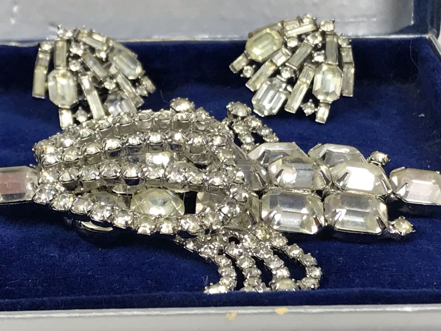 Vintage Weiss Rhinestone Statement Brooch Pin, Vintage Pair Of Trifari Clip-On Earrings And Vintage Eisenberg & Sons Original Jewelry Box - Just Added [Photo 10]