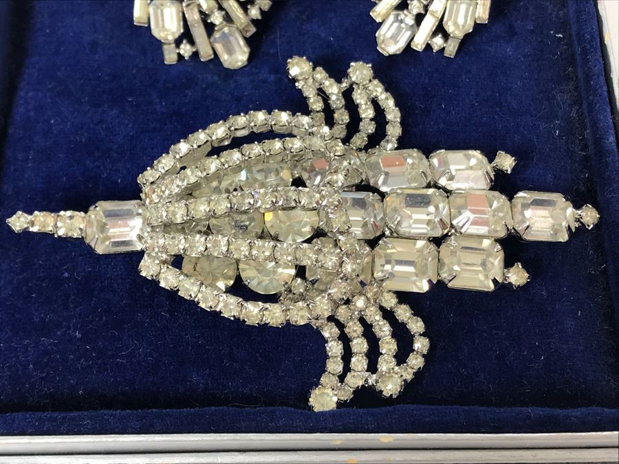 Vintage Weiss Rhinestone Statement Brooch Pin, Vintage Pair Of Trifari Clip-On Earrings And Vintage Eisenberg & Sons Original Jewelry Box - Just Added [Photo 5]