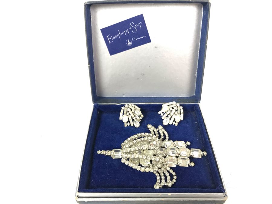 Vintage Weiss Rhinestone Statement Brooch Pin, Vintage Pair Of Trifari Clip-On Earrings And Vintage Eisenberg & Sons Original Jewelry Box - Just Added [Photo 1]
