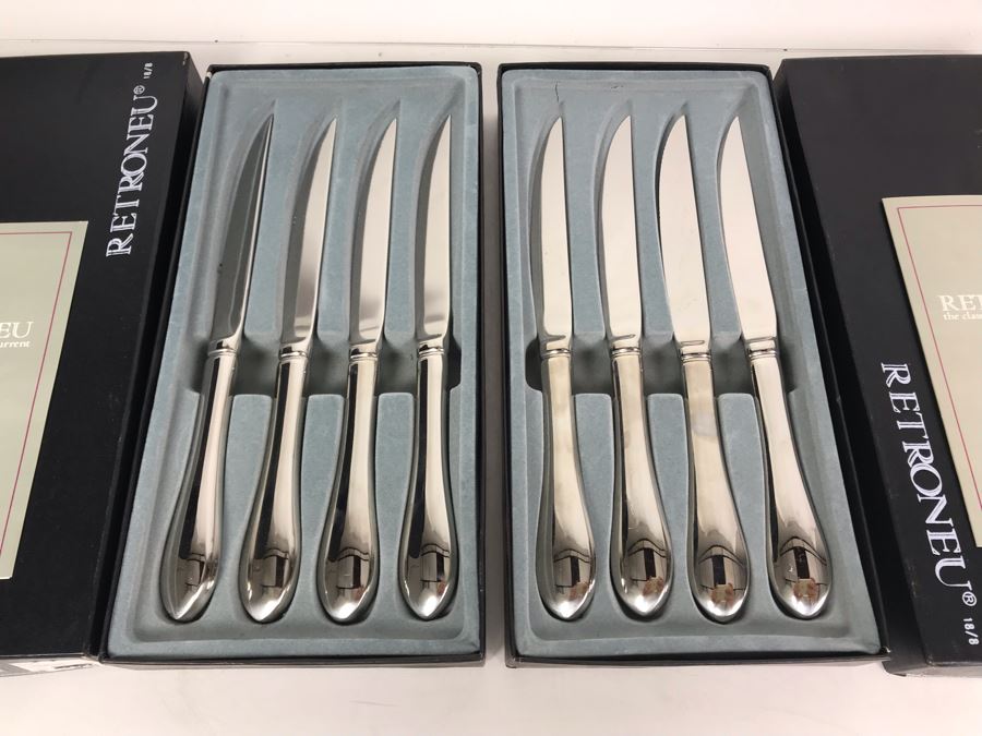 New Set Of (8) 18/8 Stainless Steel Steak Knives Roxbury By Retroneu With Boxes - Just Added