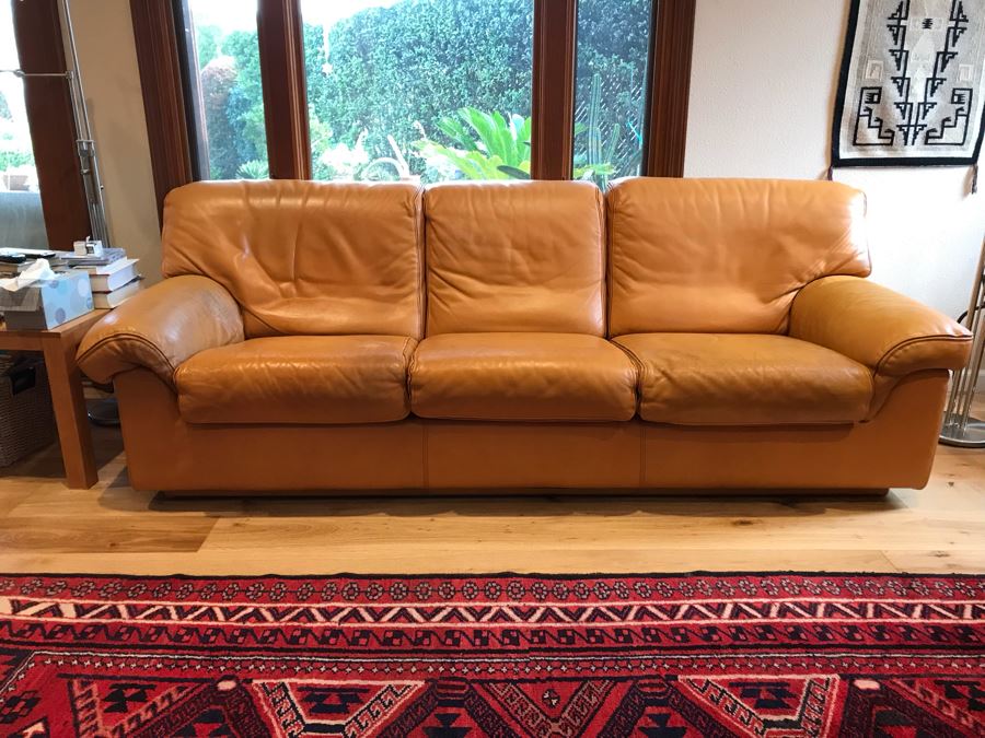 JUST ADDED - Vintage Italian Leather Roche Bobois Sofa Very Worn Perfect For Hipster Man Cave Library - See Photos For Wear 92W X 38D X 32H [Photo 3]