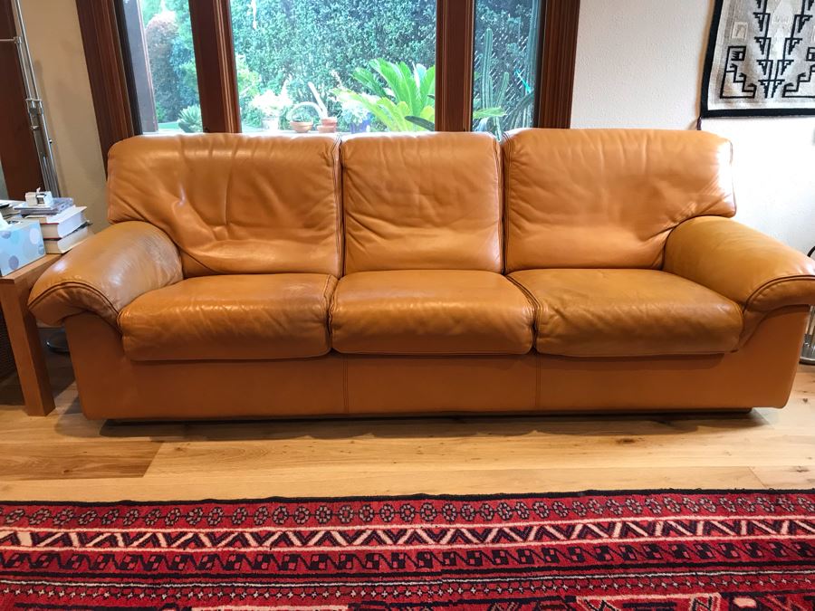 JUST ADDED - Vintage Italian Leather Roche Bobois Sofa Very Worn Perfect For Hipster Man Cave Library - See Photos For Wear 92W X 38D X 32H [Photo 2]