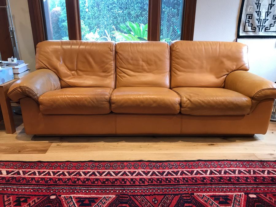 JUST ADDED - Vintage Italian Leather Roche Bobois Sofa Very Worn Perfect For Hipster Man Cave Library - See Photos For Wear 92W X 38D X 32H [Photo 1]