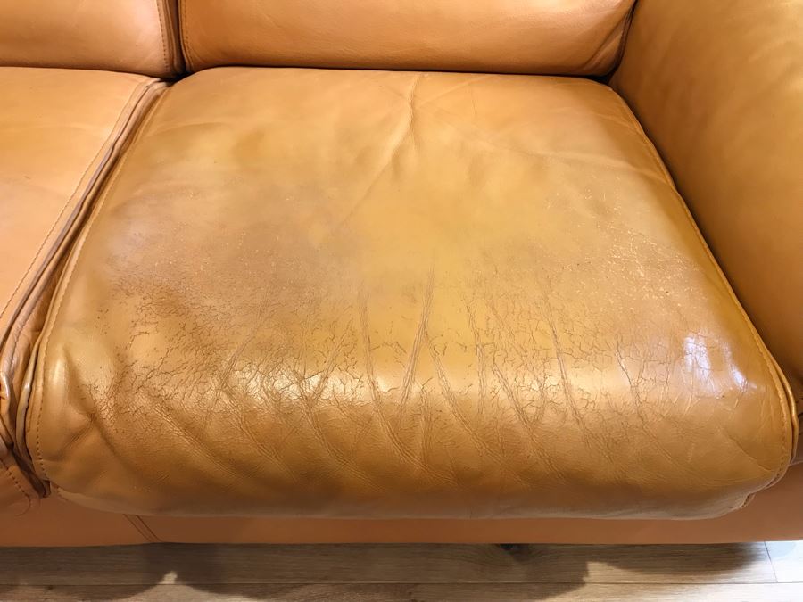 JUST ADDED - Vintage Italian Leather Roche Bobois Sofa Very Worn Perfect For Hipster Man Cave Library - See Photos For Wear 92W X 38D X 32H [Photo 6]