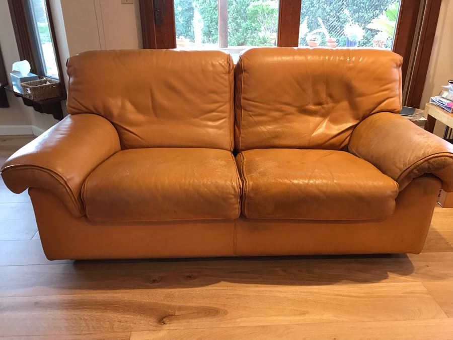 JUST ADDED - Vintage Italian Leather Roche Bobois Loveseat Sofa Very Worn Perfect For Hipster Man Cave Library - See Photos For Wear 72W X 32D X 32H [Photo 3]