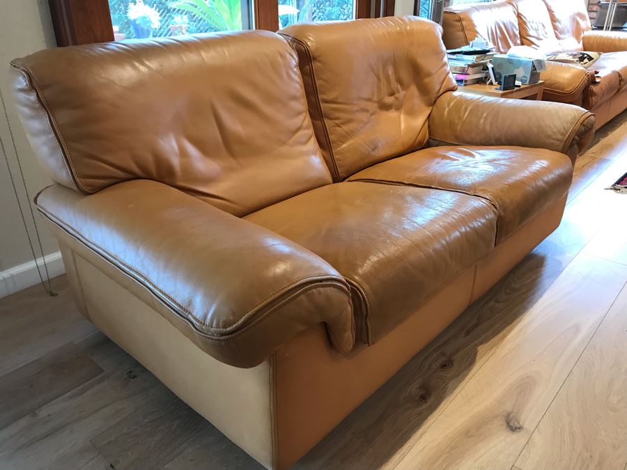 JUST ADDED - Vintage Italian Leather Roche Bobois Loveseat Sofa Very Worn Perfect For Hipster Man Cave Library - See Photos For Wear 72W X 32D X 32H [Photo 5]