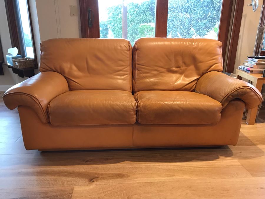 JUST ADDED - Vintage Italian Leather Roche Bobois Loveseat Sofa Very Worn Perfect For Hipster Man Cave Library - See Photos For Wear 72W X 32D X 32H