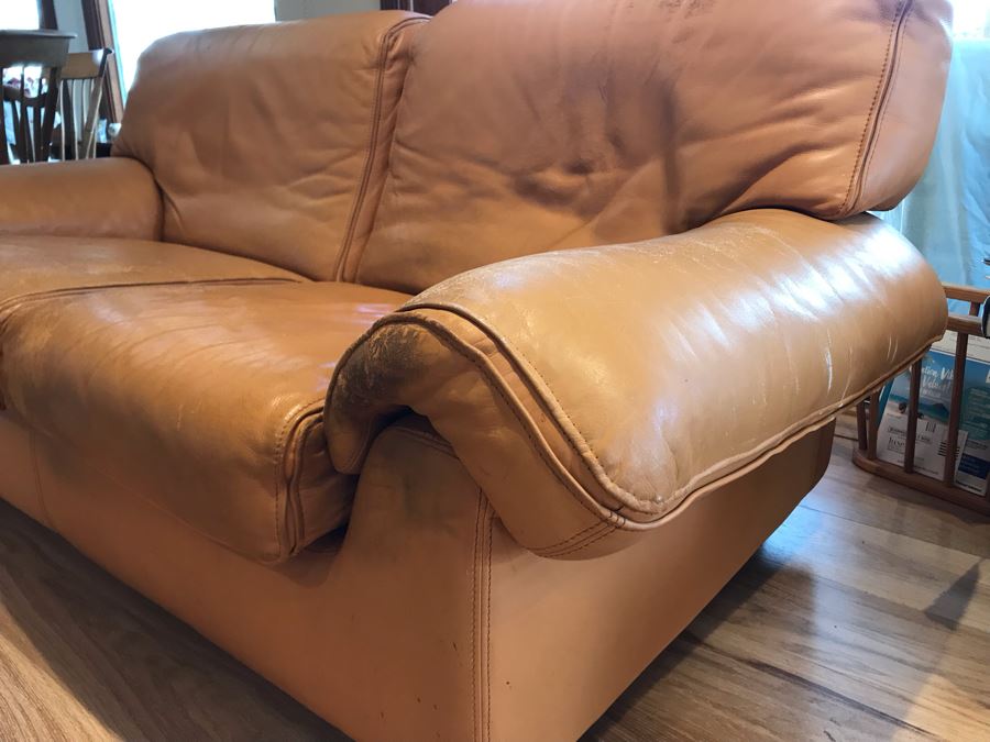 JUST ADDED - Vintage Italian Leather Roche Bobois Loveseat Sofa Very Worn Perfect For Hipster Man Cave Library - See Photos For Wear 72W X 32D X 32H [Photo 7]