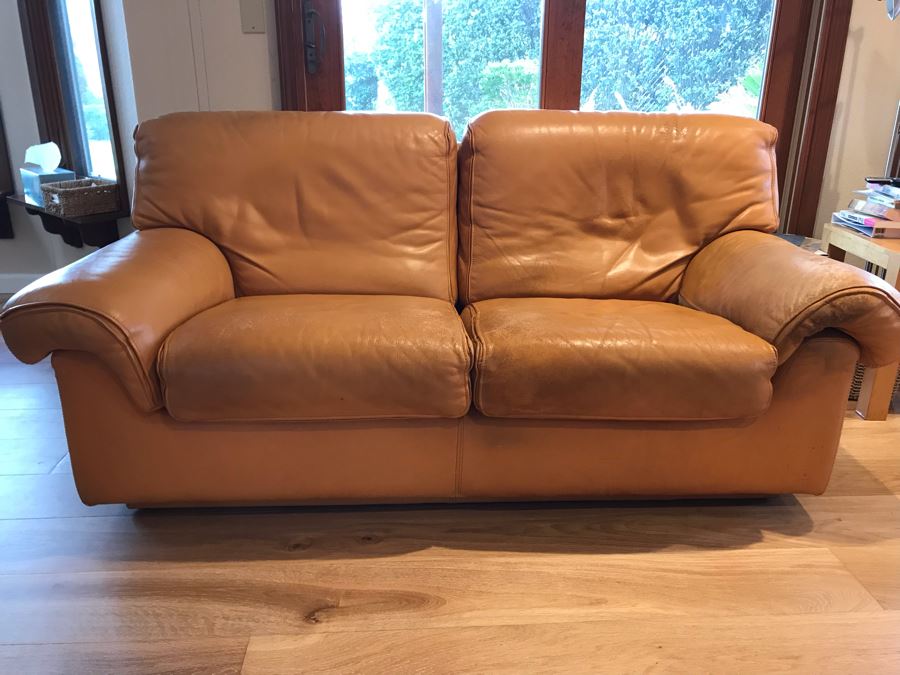 JUST ADDED - Vintage Italian Leather Roche Bobois Loveseat Sofa Very Worn Perfect For Hipster Man Cave Library - See Photos For Wear 72W X 32D X 32H [Photo 2]
