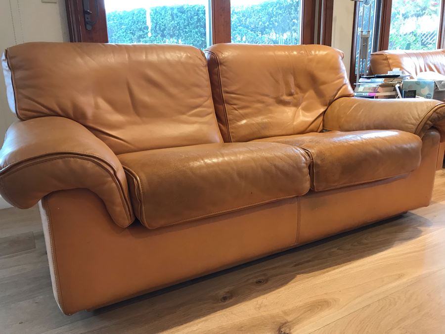 JUST ADDED - Vintage Italian Leather Roche Bobois Loveseat Sofa Very Worn Perfect For Hipster Man Cave Library - See Photos For Wear 72W X 32D X 32H [Photo 6]