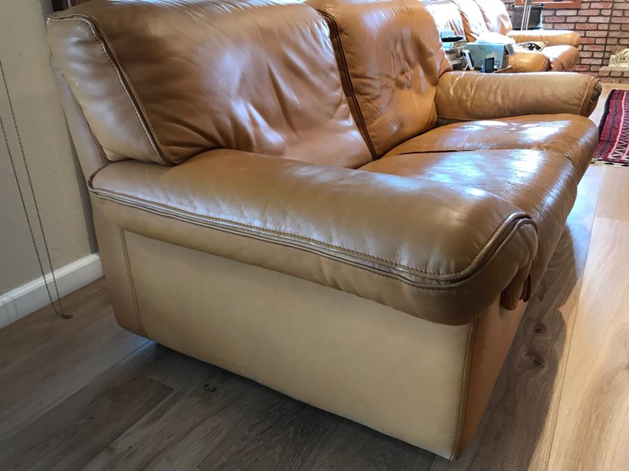 JUST ADDED - Vintage Italian Leather Roche Bobois Loveseat Sofa Very Worn Perfect For Hipster Man Cave Library - See Photos For Wear 72W X 32D X 32H [Photo 4]