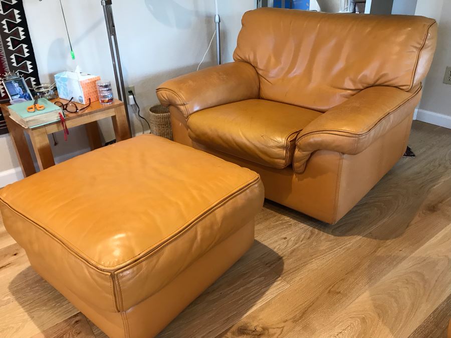 JUST ADDED - Vintage Italian Leather Roche Bobois Armchair With Ottoman Very Worn Perfect For Hipster Man Cave Library - See Photos For Wear - Slight Tear In Seat Cushion 48W X 40D X 32H [Photo 6]