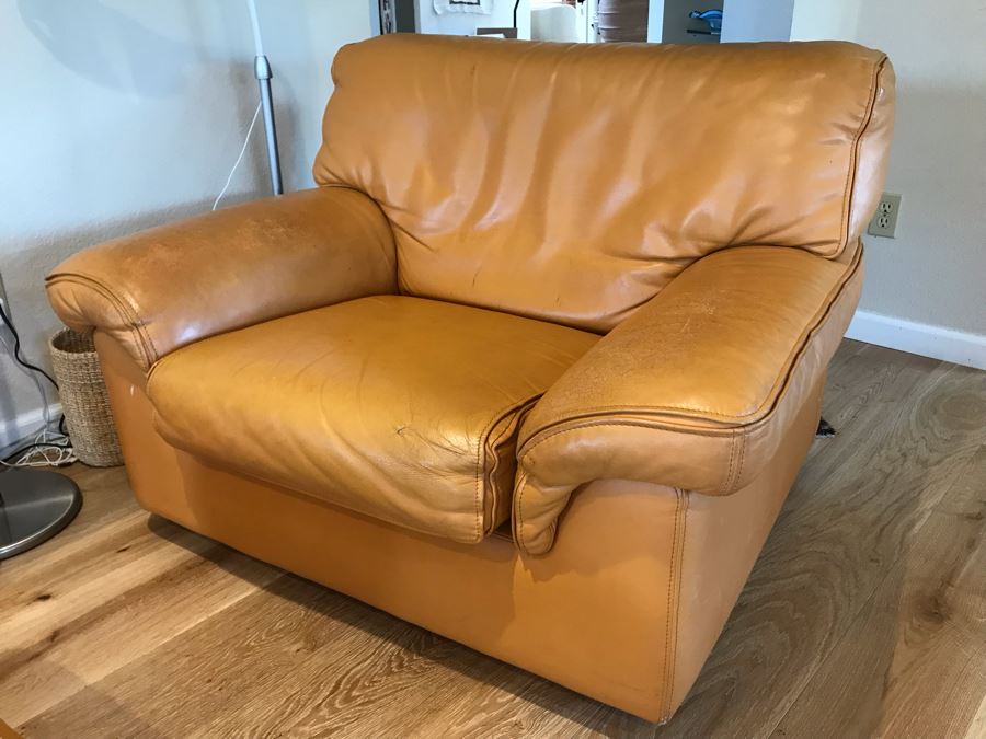 JUST ADDED - Vintage Italian Leather Roche Bobois Armchair With Ottoman Very Worn Perfect For Hipster Man Cave Library - See Photos For Wear - Slight Tear In Seat Cushion 48W X 40D X 32H [Photo 3]