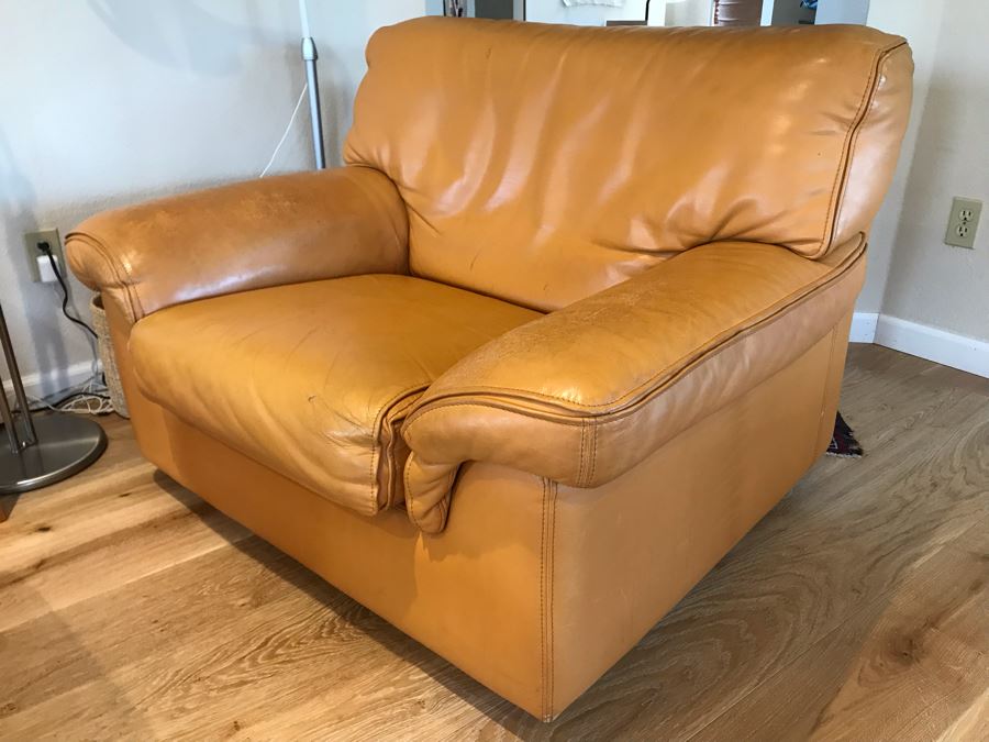 JUST ADDED - Vintage Italian Leather Roche Bobois Armchair With Ottoman Very Worn Perfect For Hipster Man Cave Library - See Photos For Wear - Slight Tear In Seat Cushion 48W X 40D X 32H [Photo 4]