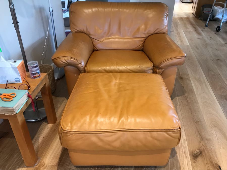 JUST ADDED - Vintage Italian Leather Roche Bobois Armchair With Ottoman Very Worn Perfect For Hipster Man Cave Library - See Photos For Wear - Slight Tear In Seat Cushion 48W X 40D X 32H [Photo 14]