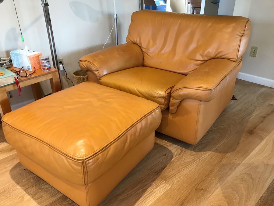 JUST ADDED - Vintage Italian Leather Roche Bobois Armchair With Ottoman Very Worn Perfect For Hipster Man Cave Library - See Photos For Wear - Slight Tear In Seat Cushion 48W X 40D X 32H [Photo 1]