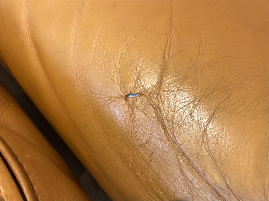 JUST ADDED - Vintage Italian Leather Roche Bobois Armchair With Ottoman Very Worn Perfect For Hipster Man Cave Library - See Photos For Wear - Slight Tear In Seat Cushion 48W X 40D X 32H [Photo 12]