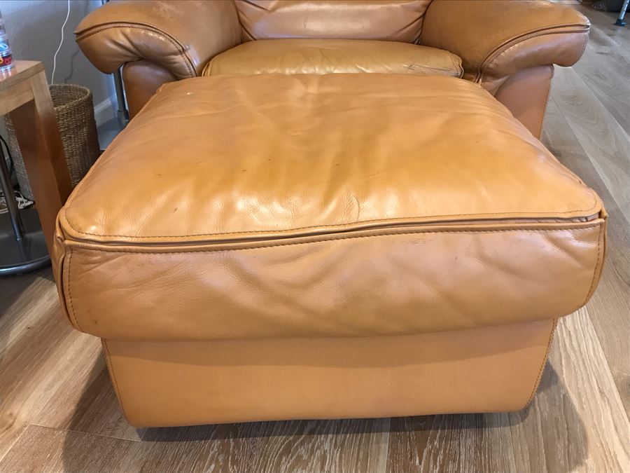 JUST ADDED - Vintage Italian Leather Roche Bobois Armchair With Ottoman Very Worn Perfect For Hipster Man Cave Library - See Photos For Wear - Slight Tear In Seat Cushion 48W X 40D X 32H [Photo 13]