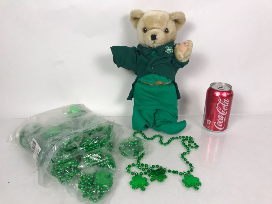 JUST ADDED - Collection Of Saint Patrick's Day Green Beaded Shamrock Necklaces Party Favors And Irish Shamrock Bear [Photo 1]