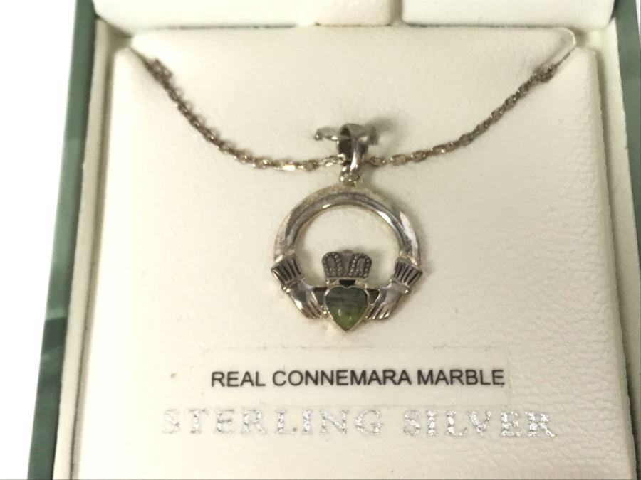 JUST ADDED - Sterling Silver Connemara Marble Irish Claddagh Pendant Sterling Necklace By Solvar Retails $73 [Photo 3]