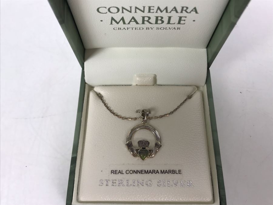 JUST ADDED - Sterling Silver Connemara Marble Irish Claddagh Pendant Sterling Necklace By Solvar Retails $73 [Photo 1]