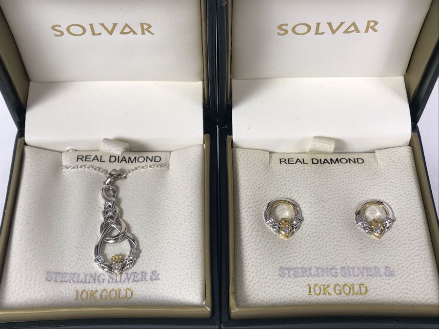 JUST ADDED - 10K Gold And Sterling Silver Diamond Irish Claddagh Pendant Sterling Necklace And Matching 10K Gold Sterling Silver Diamond Earrings By Solvar Retails $438 [Photo 2]