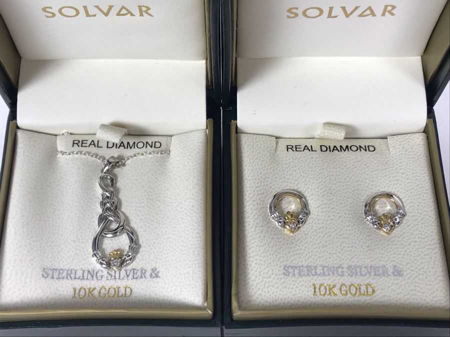 JUST ADDED - 10K Gold And Sterling Silver Diamond Irish Claddagh Pendant Sterling Necklace And Matching 10K Gold Sterling Silver Diamond Earrings By Solvar Retails $438 [Photo 1]