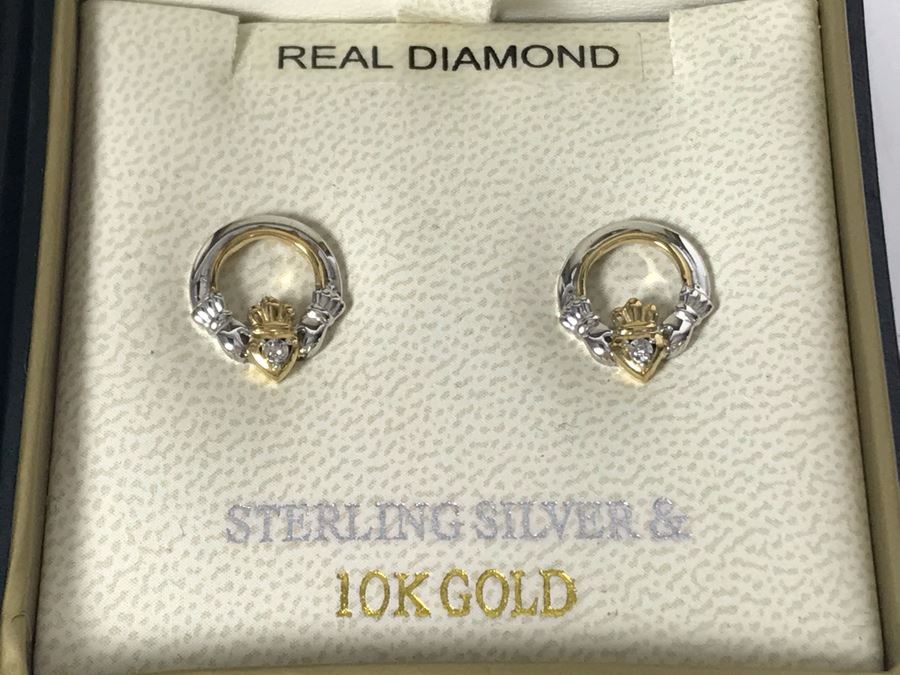 JUST ADDED - 10K Gold And Sterling Silver Diamond Irish Claddagh Pendant Sterling Necklace And Matching 10K Gold Sterling Silver Diamond Earrings By Solvar Retails $438 [Photo 5]