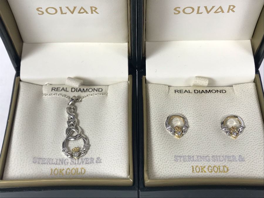 JUST ADDED - 10K Gold And Sterling Silver Diamond Irish Claddagh Pendant Sterling Necklace And Matching 10K Gold Sterling Silver Diamond Earrings By Solvar Retails $438 [Photo 3]