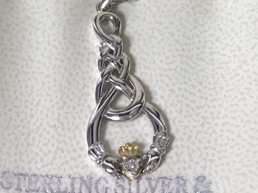 JUST ADDED - 10K Gold And Sterling Silver Diamond Irish Claddagh Pendant Sterling Necklace And Matching 10K Gold Sterling Silver Diamond Earrings By Solvar Retails $438 [Photo 7]