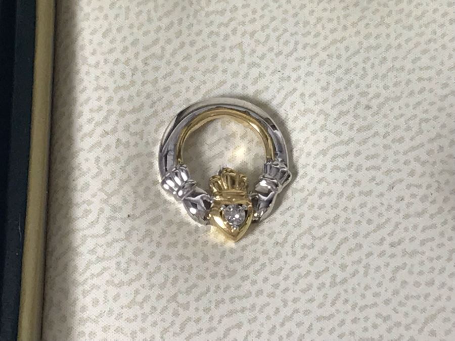 JUST ADDED - 10K Gold And Sterling Silver Diamond Irish Claddagh Pendant Sterling Necklace And Matching 10K Gold Sterling Silver Diamond Earrings By Solvar Retails $438 [Photo 6]