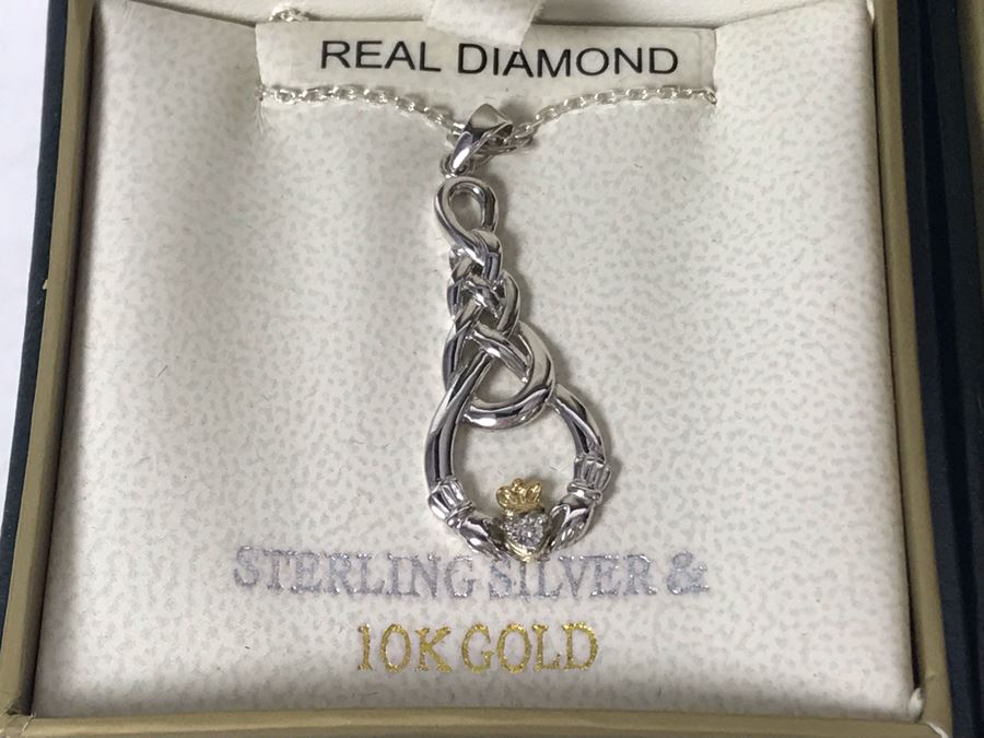 JUST ADDED - 10K Gold And Sterling Silver Diamond Irish Claddagh Pendant Sterling Necklace And Matching 10K Gold Sterling Silver Diamond Earrings By Solvar Retails $438 [Photo 4]