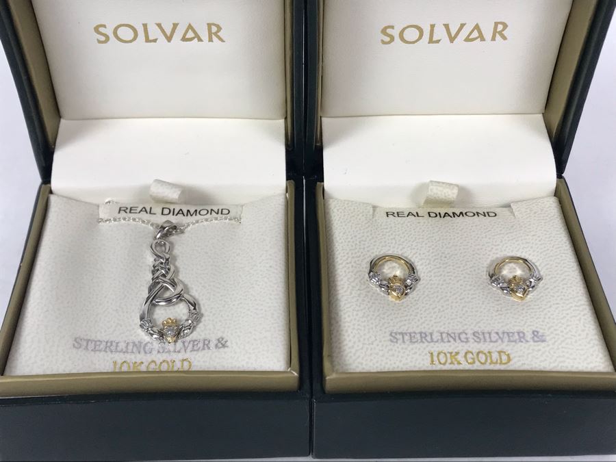 JUST ADDED - 10K Gold And Sterling Silver Diamond Irish Claddagh Pendant Sterling Necklace And Matching 10K Gold Sterling Silver Diamond Earrings By Solvar Retails $438 [Photo 8]