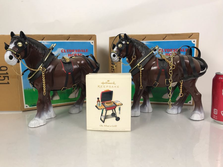 Pair Of Clydesdale Horse Toys With Boxes And Hallmark Keepsake Ornament Oh, What A Grill!