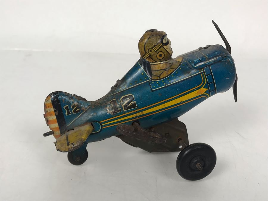Old Marx Toys Tin Litho Wind-Up Roll Over Airplane Toy Working [Photo 7]