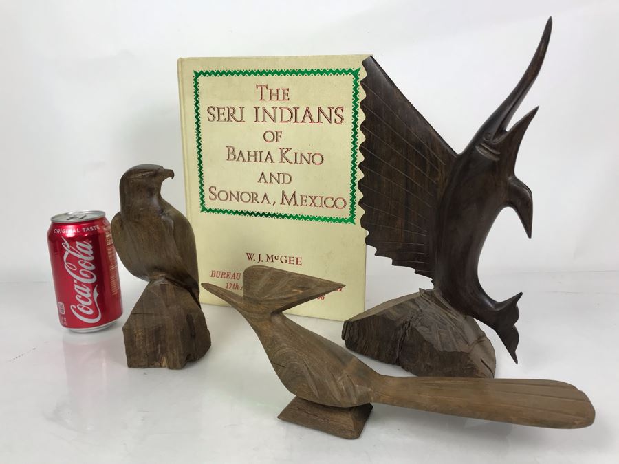 (3) Seri Indians Ironwood Animal Sculptures Figurines And Book: The Seri Indians Of Bahia Kino And Sonora, Mexico By W. J. McGee