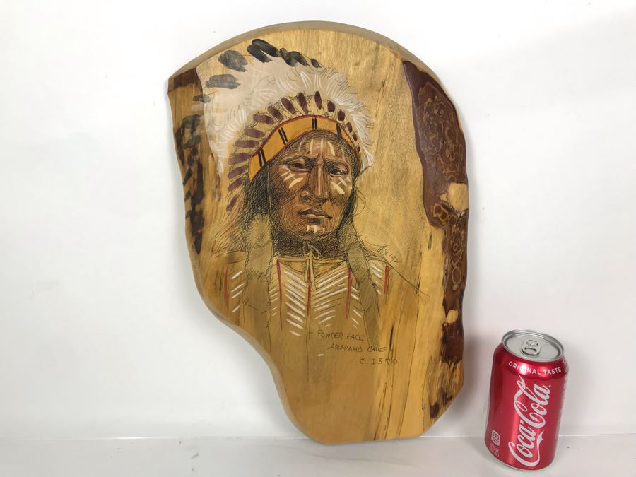 Vintage 1992 Alix Mosieur Original Signed Painting Of Powder Face Araphaho Chief C. 1870 On Oregon Myrtlewood [Photo 2]