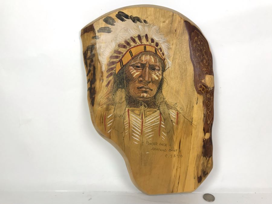 Vintage 1992 Alix Mosieur Original Signed Painting Of Powder Face Araphaho Chief C. 1870 On Oregon Myrtlewood [Photo 3]
