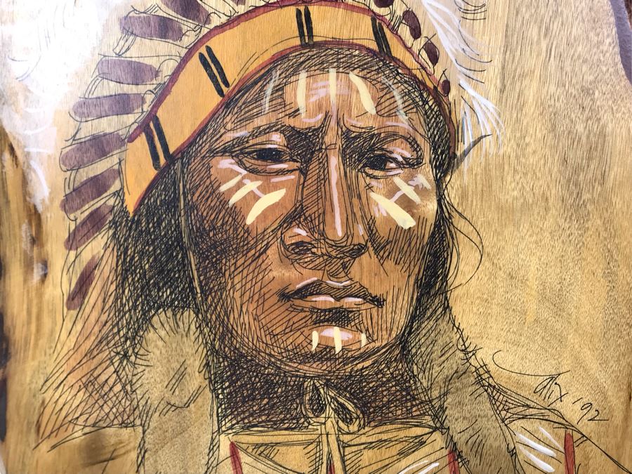 Vintage 1992 Alix Mosieur Original Signed Painting Of Powder Face Araphaho Chief C. 1870 On Oregon Myrtlewood [Photo 5]