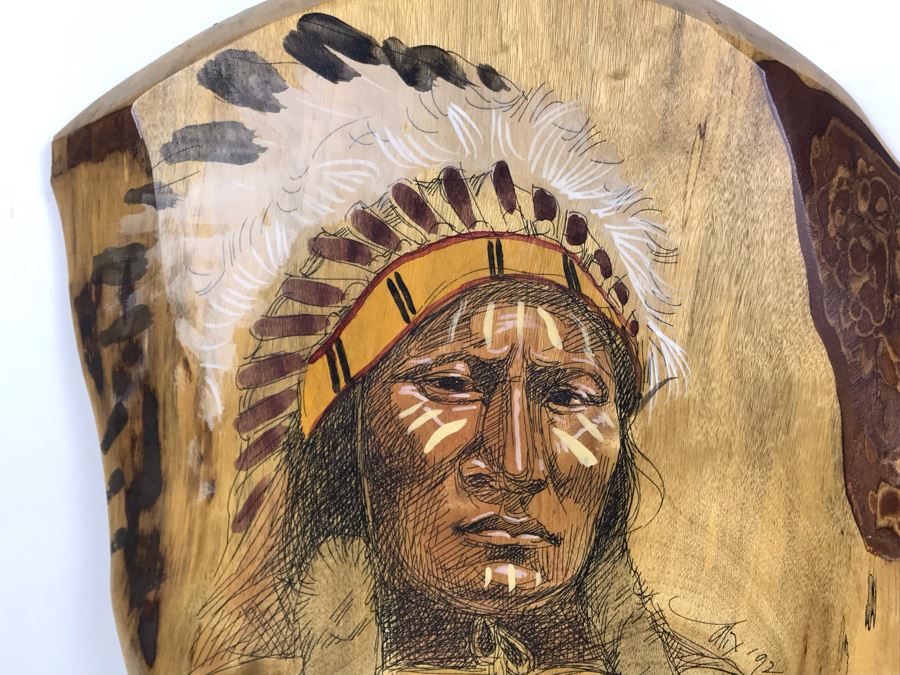 Vintage 1992 Alix Mosieur Original Signed Painting Of Powder Face Araphaho Chief C. 1870 On Oregon Myrtlewood [Photo 4]
