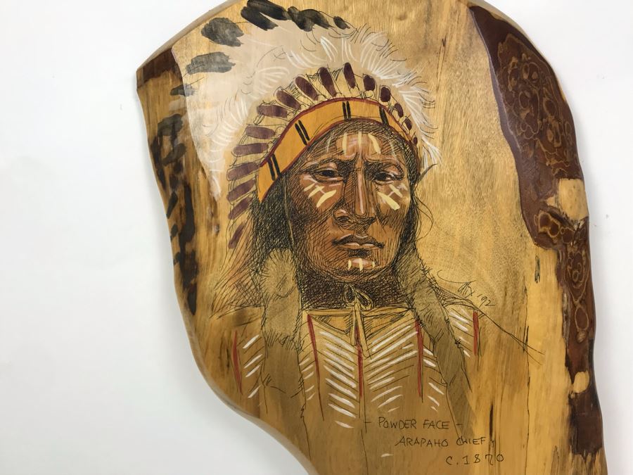 Vintage 1992 Alix Mosieur Original Signed Painting Of Powder Face Araphaho Chief C. 1870 On Oregon Myrtlewood [Photo 12]