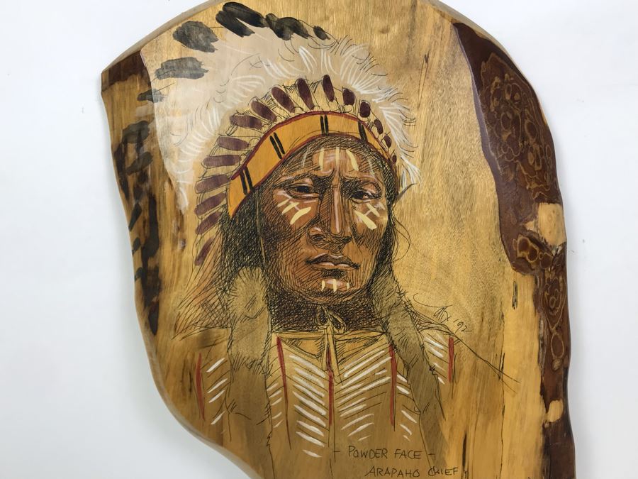 Vintage 1992 Alix Mosieur Original Signed Painting Of Powder Face Araphaho Chief C. 1870 On Oregon Myrtlewood [Photo 11]