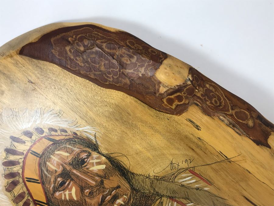 Vintage 1992 Alix Mosieur Original Signed Painting Of Powder Face Araphaho Chief C. 1870 On Oregon Myrtlewood [Photo 9]