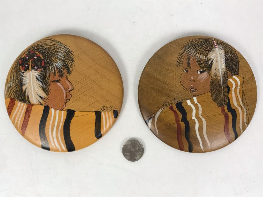 Pair Of Vintage 1992 Alix Mosieur Original Signed Paintings On Oregon Myrtlewood 5.5R [Photo 2]