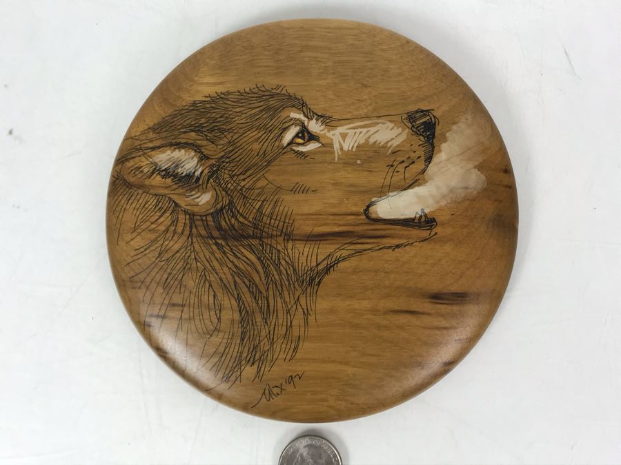 Vintage 1992 Alix Mosieur Original Signed Painting Of Wolf On Oregon Myrtlewood 6R [Photo 2]