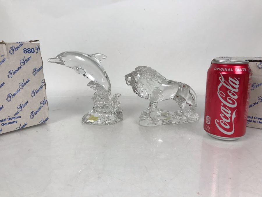 Pair Of Crystal Animal Figurines Dolphin And Lion Wonders Of The Wild Germany Princess House With Boxes [Photo 1]