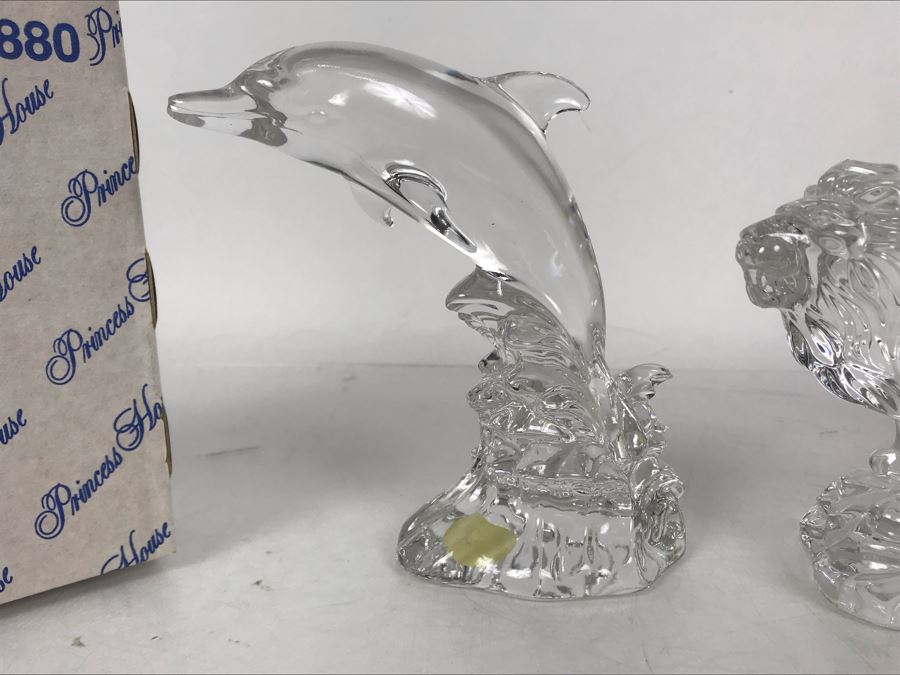 Pair Of Crystal Animal Figurines Dolphin And Lion Wonders Of The Wild Germany Princess House With Boxes [Photo 4]