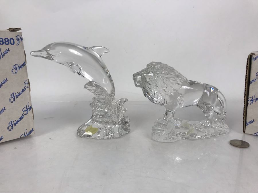Pair Of Crystal Animal Figurines Dolphin And Lion Wonders Of The Wild  Germany Princess House With Boxes